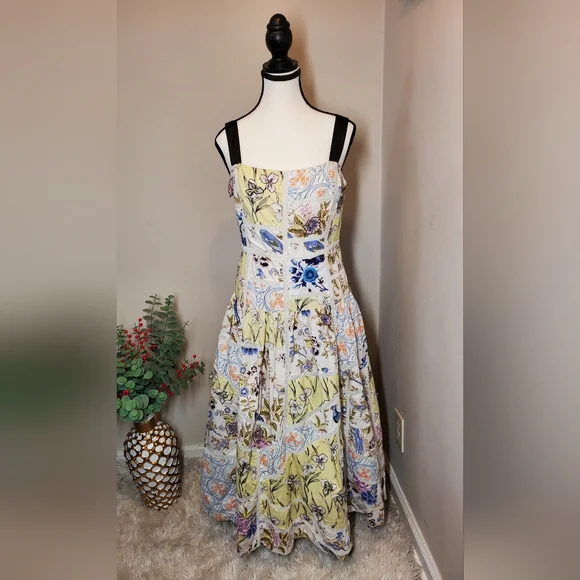 Anthropologie Maeve Cotton Sleeveless Square-Neck Tile Printed Midi Dress Sz L